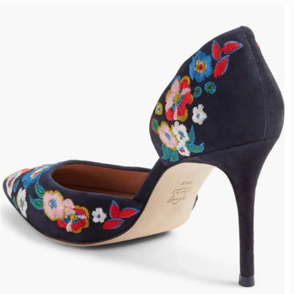 Tory Burch Rosemont Embroidered d'Orsay Pump Heels in Navy Blue, size 6.5